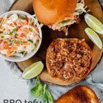 Toasted buns with tofu in barbecue sauce and cabbage salad.