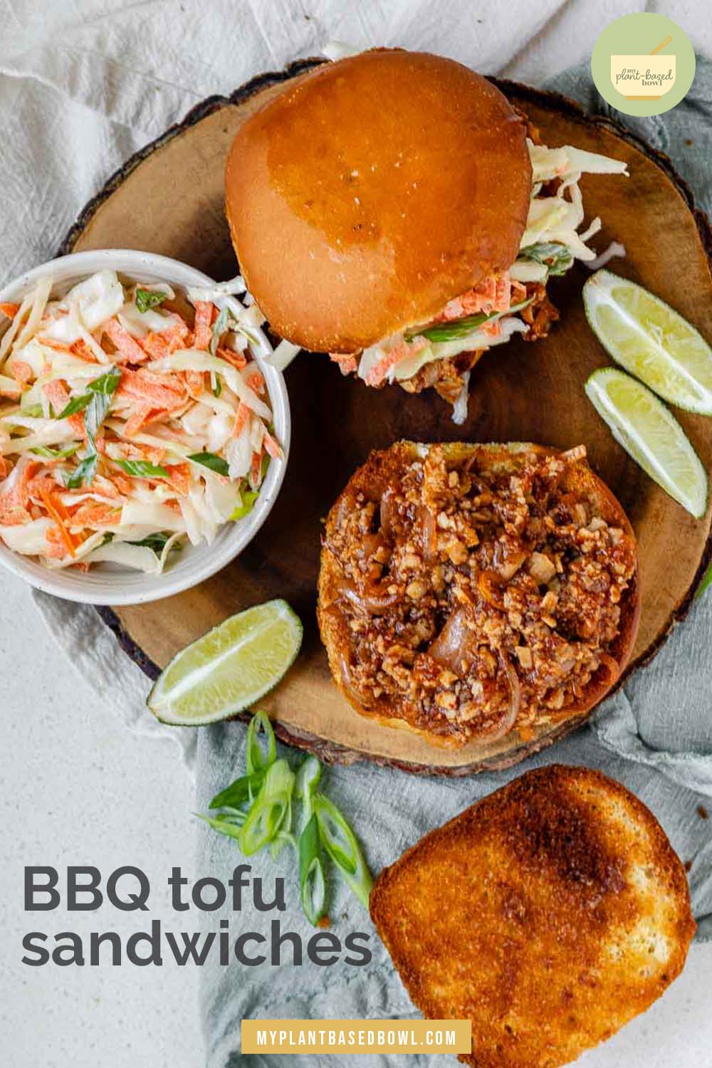 Toasted buns with tofu in barbecue sauce and cabbage salad.