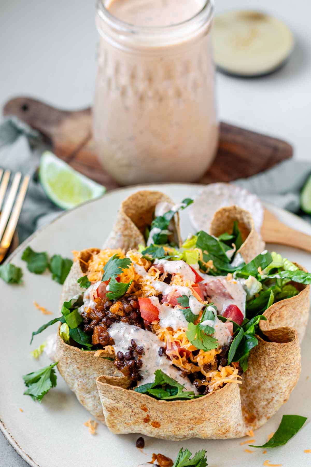 Taco salad in a tortilla bowl.