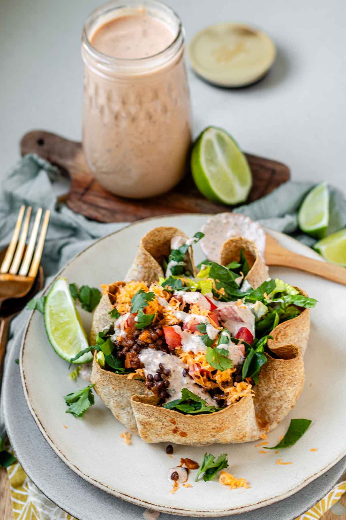 Taco salad in a tortilla bowl.