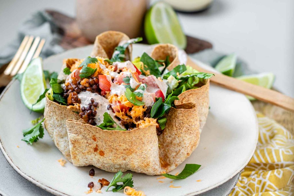 Taco salad in a tortilla bowl.