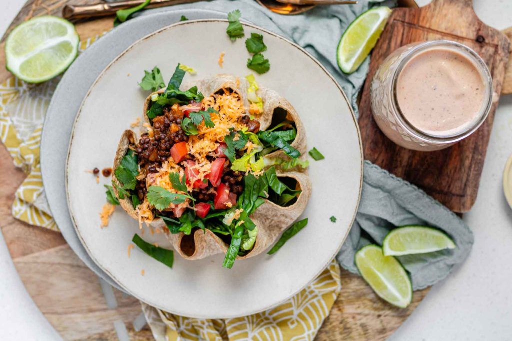 Taco salad in a tortilla bowl.