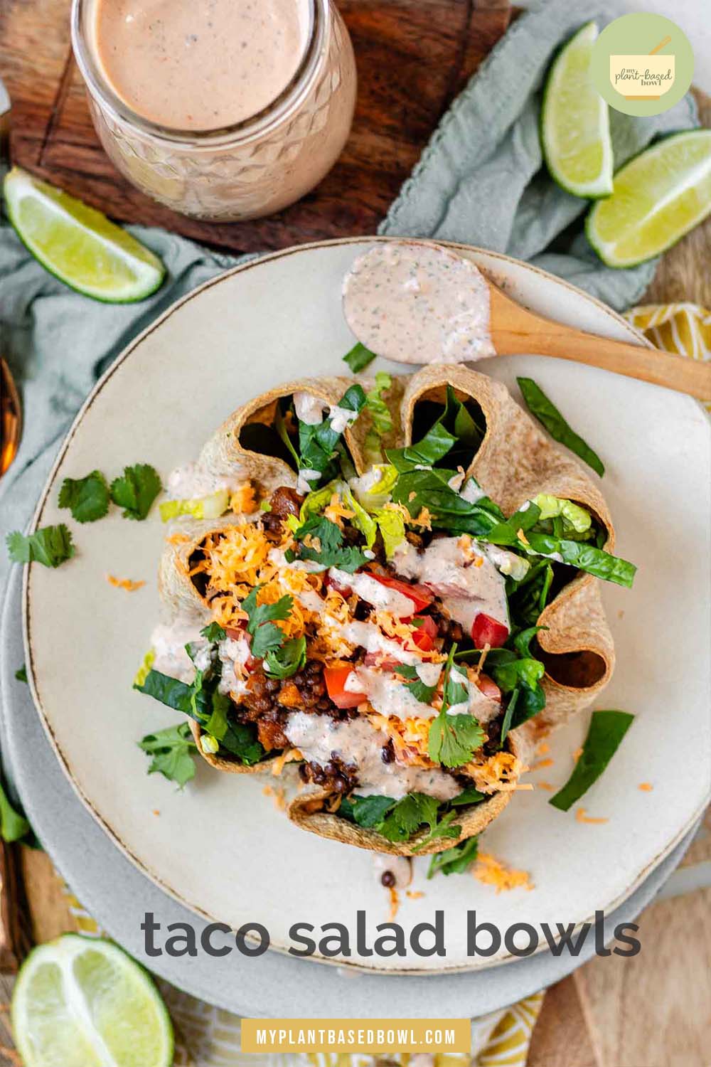 Taco salad in a tortilla bowl with the text taco salad bowls.