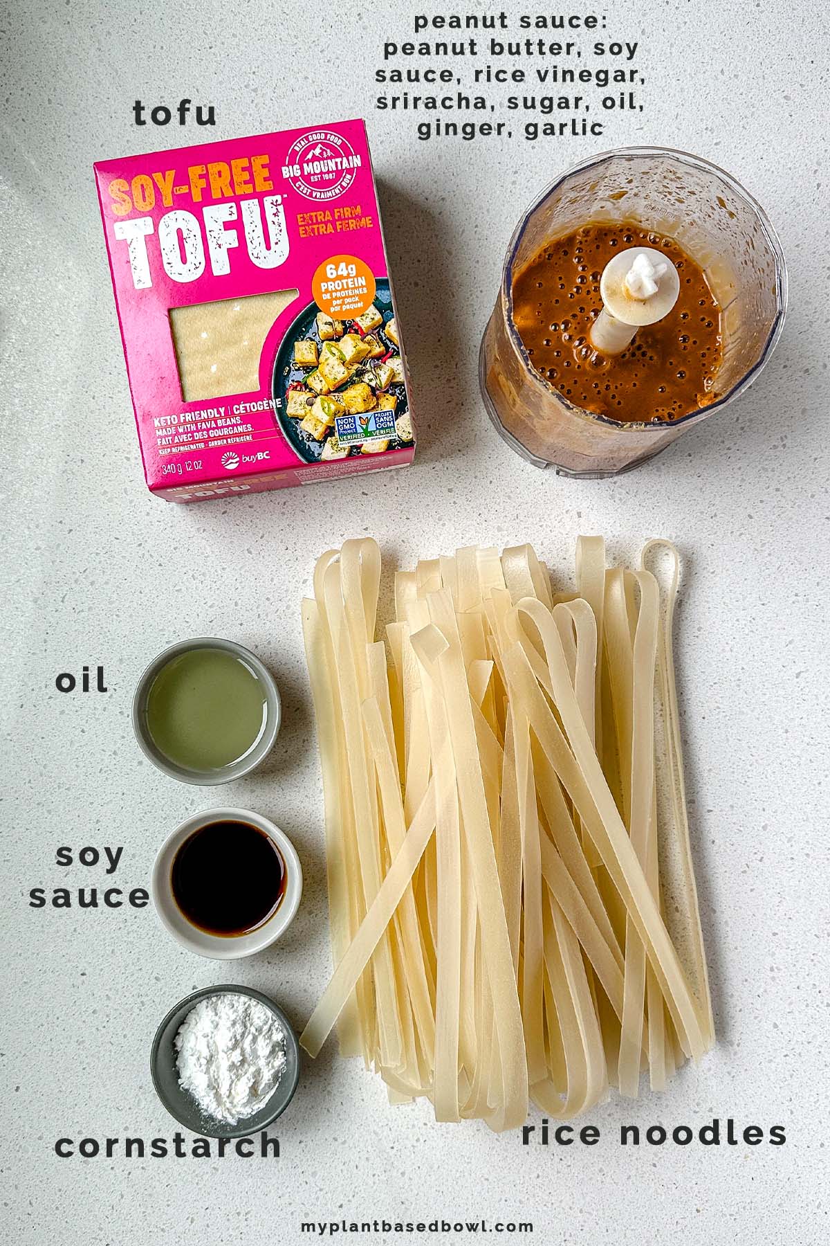 Ingredients for a peanut tofu and noodle bowl with text labeling each ingredient.