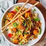 Spicy Peanut Tofu Bowl with rice noodles, red peppers, and creamy peanut sauce with chopsticks with the text peanut noodle bowls.
