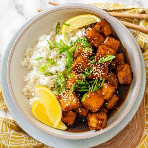 Tofu in sauce in a bowl beside rice, garnished with lemon slices and green onions.